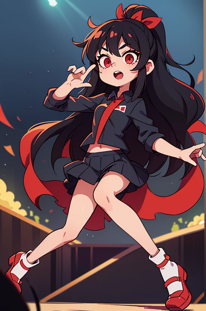 black long hair. pop idol. Red eyes. concert stage. legs nua