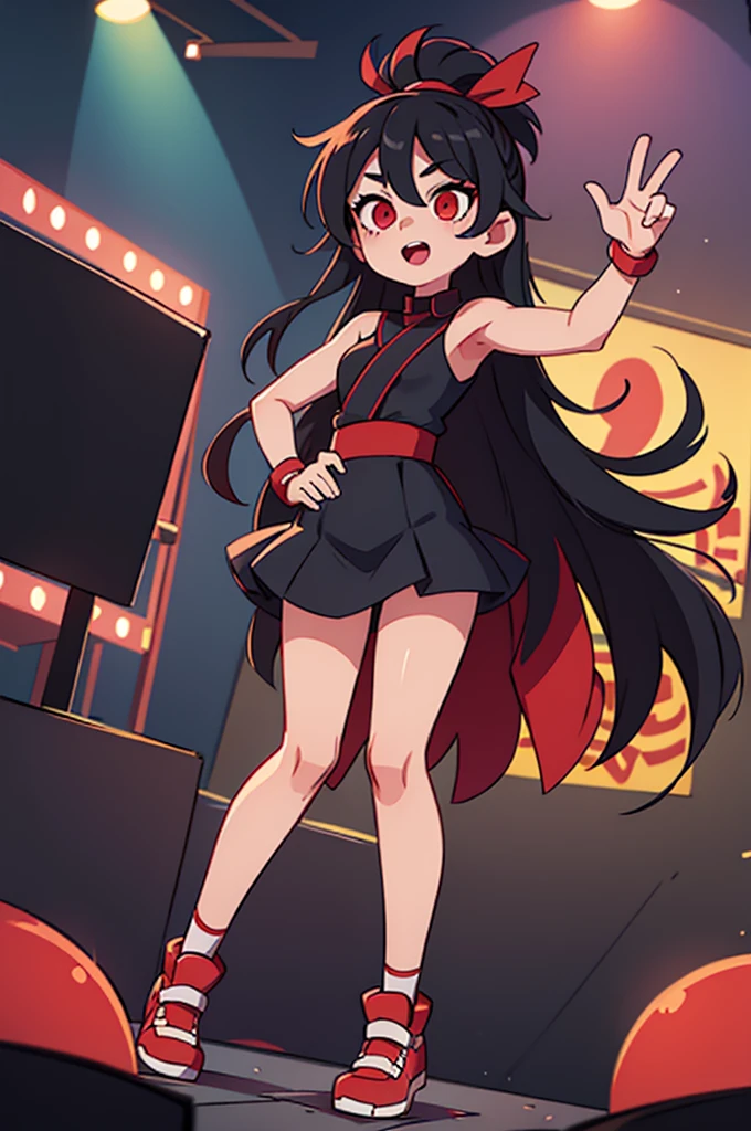 black long hair. pop idol. Red eyes. concert stage. dynamic pose in red lingerie showing her little ass 