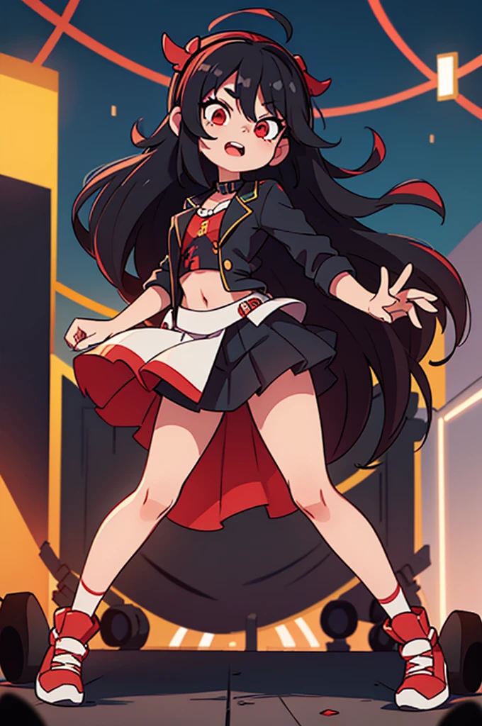 black long hair. pop idol. Red eyes. concert stage. legs nua