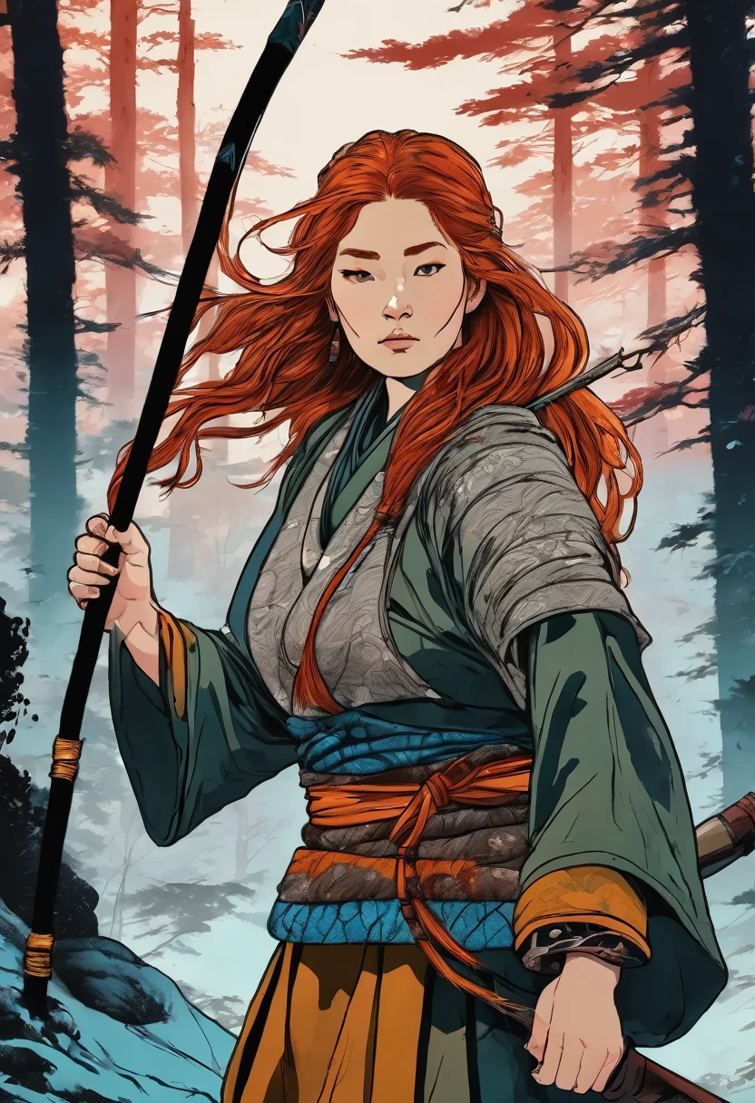Beautiful wildling hunter woman, with copper hair, wielding a spear, beautiful forest backgroud, beautiful colors, contrasting colors, intricate detail, traditional Japanese style art.