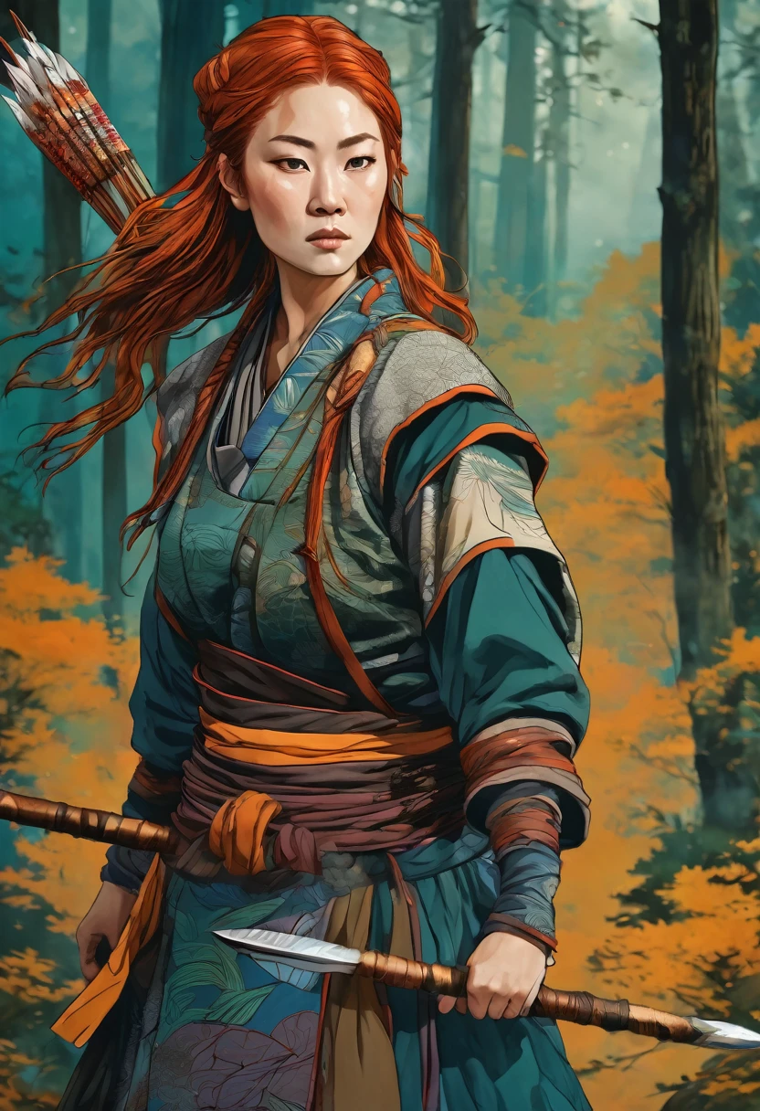 Beautiful wildling hunter woman, with copper hair, wielding a spear, beautiful forest backgroud, beautiful colors, contrasting colors, intricate detail, traditional Japanese style art.