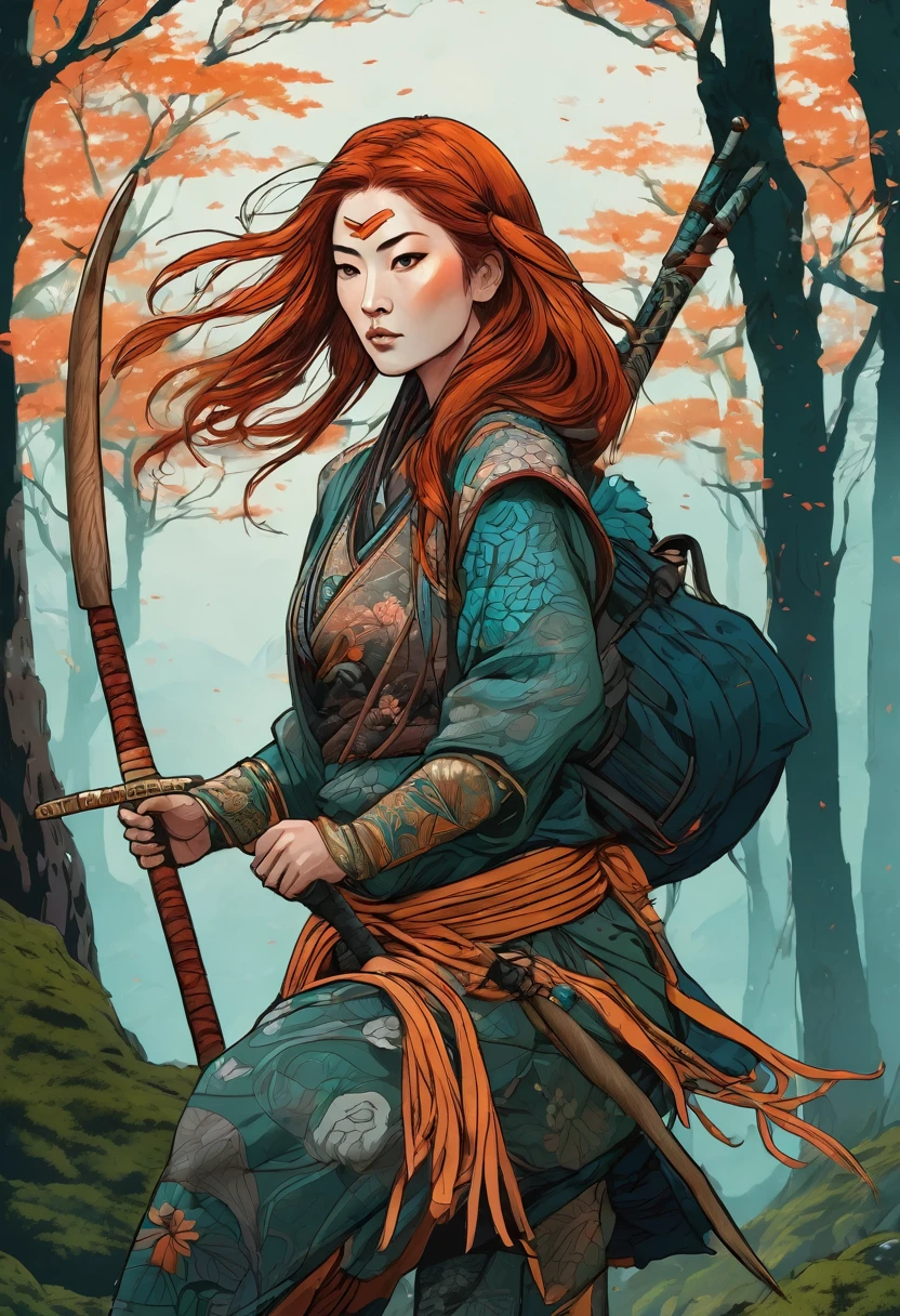 Beautiful wildling hunter woman, with copper hair, wielding a spear, beautiful forest backgroud, beautiful colors, contrasting colors, intricate detail, traditional Japanese style art.