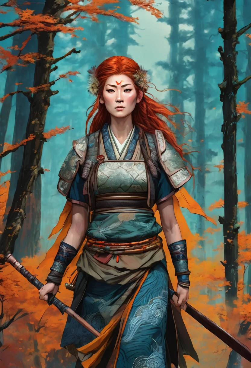 Beautiful wildling hunter woman, with copper hair, wielding a spear, beautiful forest backgroud, beautiful colors, contrasting colors, intricate detail, traditional Japanese style art.