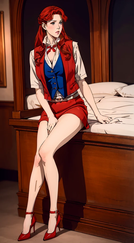 ((full body photo)), ((realistic photo)), 1 girl, (vest: 1.2), 8K, high resolution, finely detailed skin, lingerie, huge breasts, Lenore from Castlevania, vampire, red hair, skirt, lying on the side, toned legs, heels, pov sex on the side, pov, sex, hot, perfect, vagina sex on the side pov, skinny