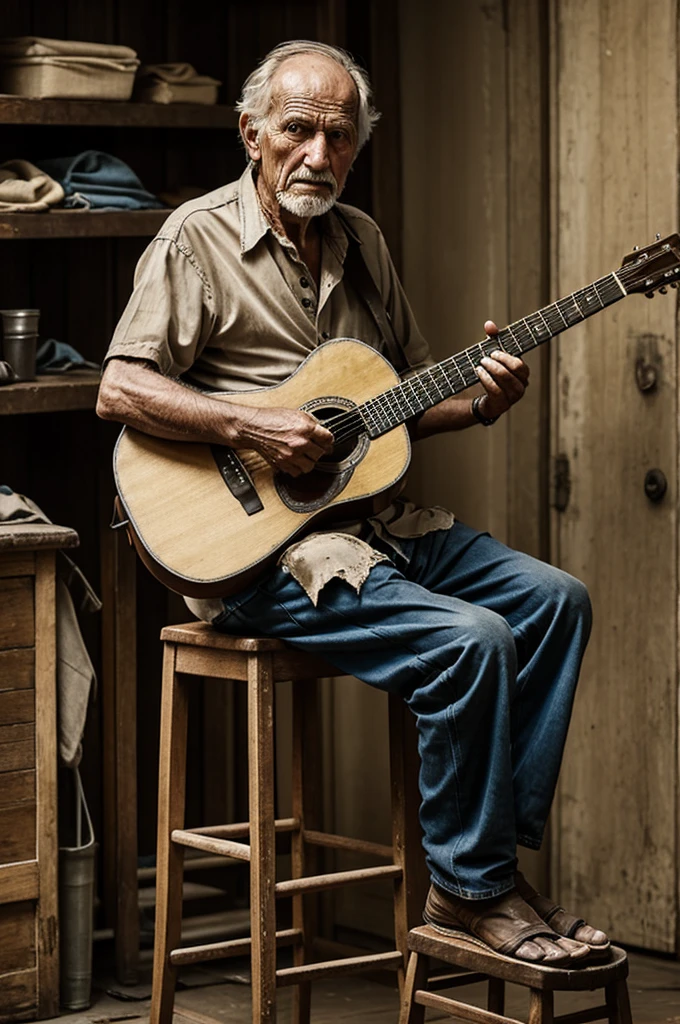 A very poor old man with a very dirty appearance with his shirt torn and sitting on a stool playing a guitar