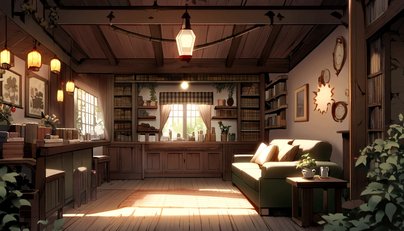 There is a living room,There are a lot of books on the shelves, cozy cafe background, cozy place, cozy environment, designed for cozy aesthetics, Relaxing concept art, cozy home background, Cozy atmosphere, pleasant cozy atmosphere, highly detailed scenario, a multidimensional cozy tavern, cozy and peaceful atmosphere, cozy living room background, cozy environment, cosy atmoshpere, highly detailed environments