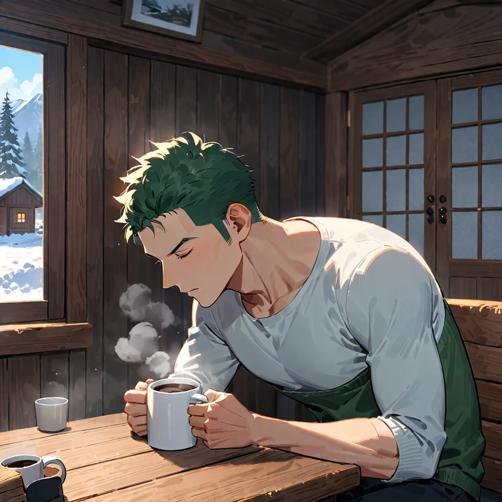 Roronoa Zoro drinks coffee in a cozy cabin, the steam from his mug curling in the air, serene, tranquil, cozy, ((medium quality)), ((medium quality))