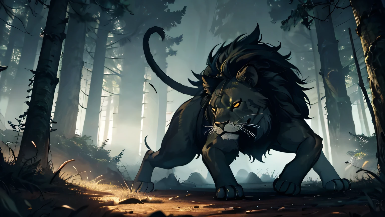 battle epic scene LION IN THE DARK bright yellow eyes, attacking with its claws a human into the air with violence, hyper-realistic forest, gloomy and mysterious, cinematic lighting, intricate details, 8k, high quality, photorealistic, dramatic, powerful, epic battle scene