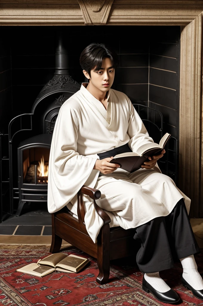 Kim Seokjin in medieval clothes, white blouse with wide sleeves and black trousers, reading a book on an armchair near a burning fireplace. Sitting in a dark room with books and a bear rug