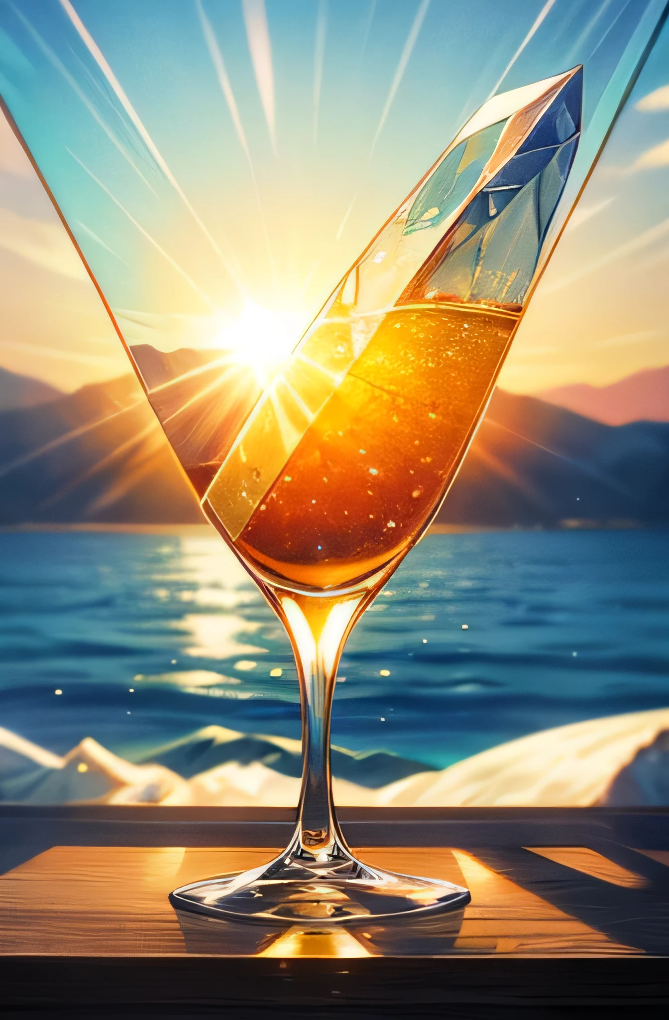 the sun shines in a crystal glass against the background of the sea and mountains
