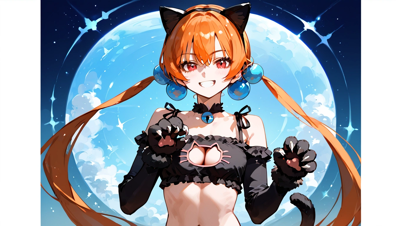 anime artwork, score_9, score_8_up, score_7_up, score_6_up, score_5_up, score_4_up,alisasr, 1girl, orange hair, red eyes, fake black cat ears, hairband, long hair, very long hair, twintails, hair ornament, hair bobbles, low twintails,, \\\\\\ \\\\\ , cat lingerie, paws gloves, cat tail, the pose, grin, claws
