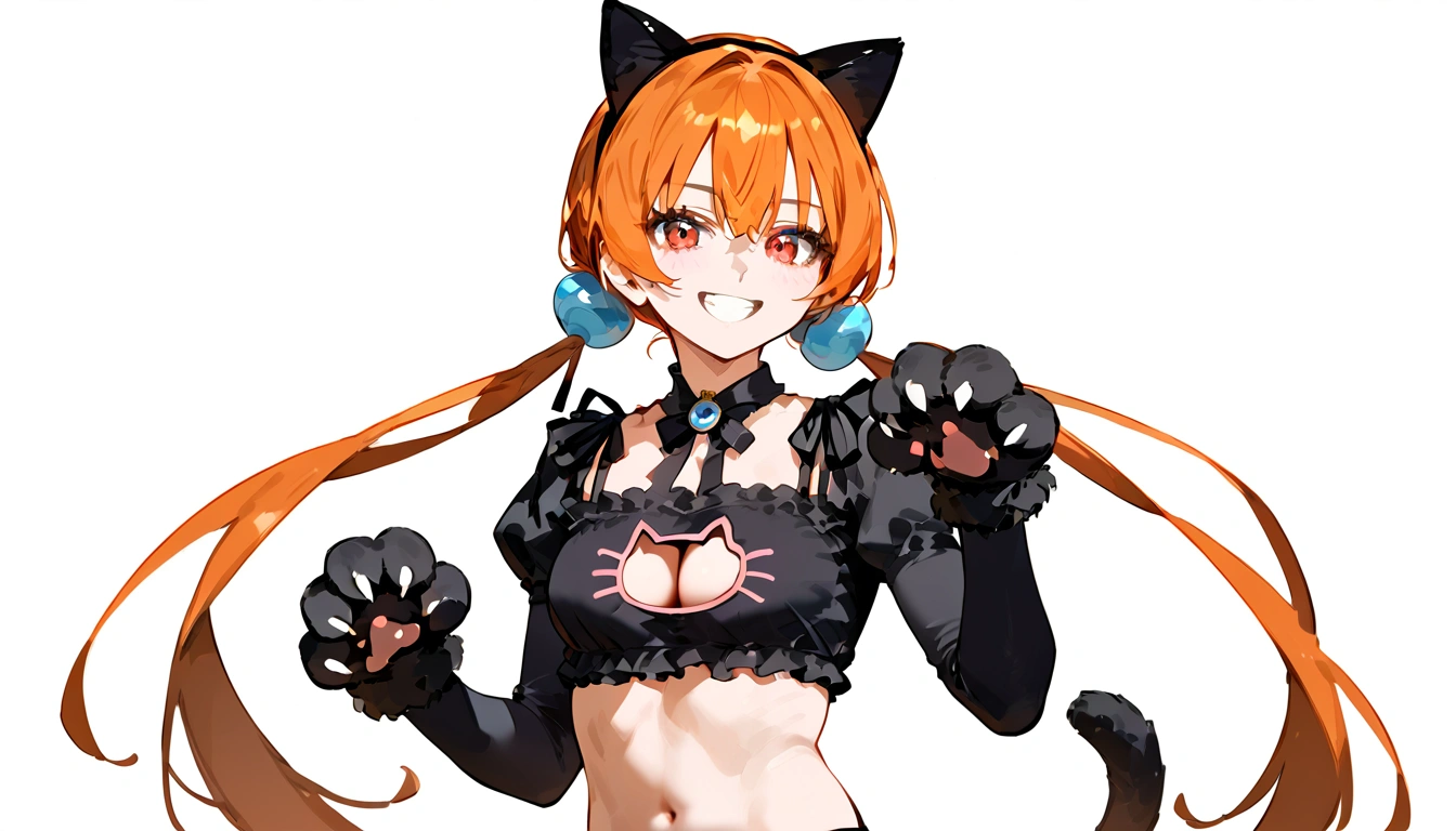 anime artwork, score_9, score_8_up, score_7_up, score_6_up, score_5_up, score_4_up,alisasr, 1girl, orange hair, red eyes, fake black cat ears, hairband, long hair, very long hair, twintails, hair ornament, hair bobbles, low twintails,, \\\\\\ \\\\\ , cat lingerie, paws gloves, cat tail, the pose, grin, claws
