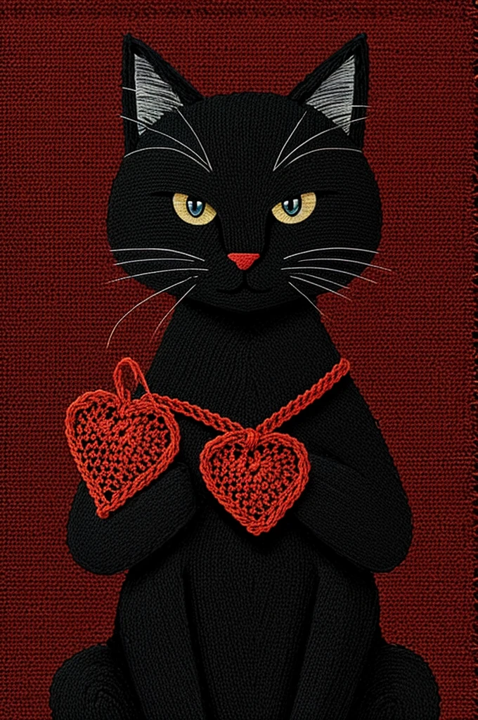 Illustration of Black Cat with Crochet Texture and Red Heart with Crochet Texture