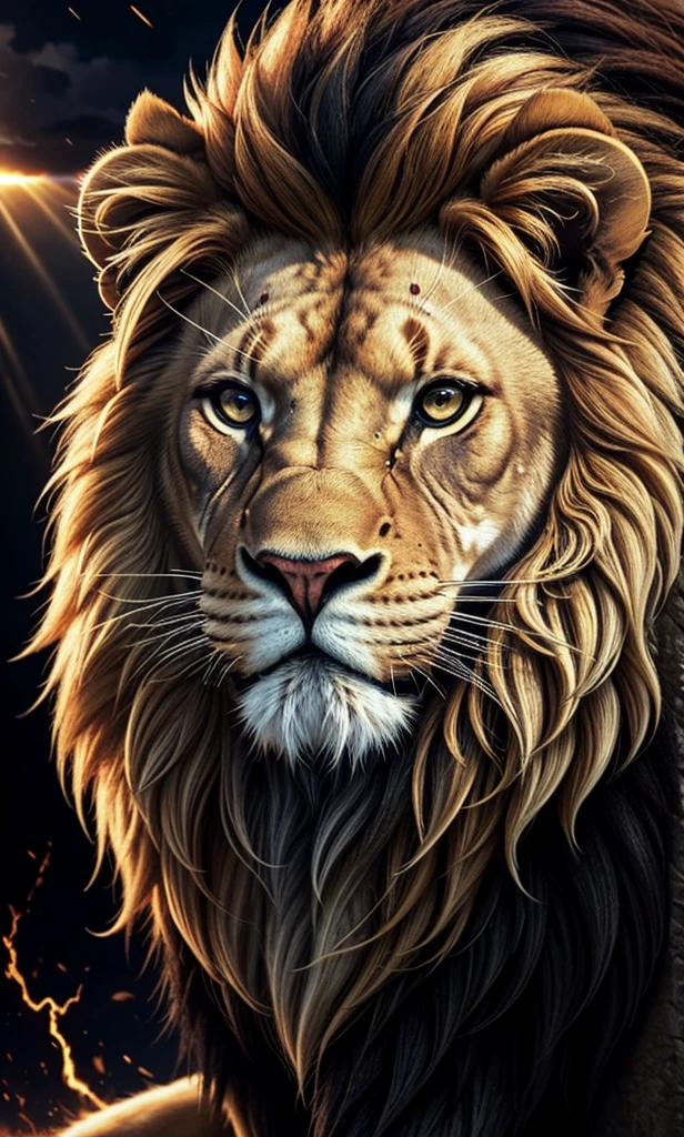 Lion, Divine Lion, naturals, naturals, ferocious, masculine, mighty, golden lion, Thunder Storm, fire rays, Photorealistic Lion, 4K PhotoRealism, Energy, Powerful Lion, Beautiful nature, Great Realistic Lion, FullHD 8K, Sky ligh, Sunset Night, Ligh Sky Sun, Balck Golden, black andwhite, black and gold, detailed realistic face, 8K Detailed Realistic White Lion, Ultrarealistic 8k |, Energia de thunder realista detalhada, Strong Creature realista detalhada, Strong Creature, Lion macho, Rendering, Fotorrealista 8K, UltraHD Alta definição 8K, Detailed Realistic 16K, Nitidez Fotorrealista 8K, 16K photorealistic textures, Contraste Fotorrealista 8K, Sombras Fotorrealistas 8K, Luzes Fotorrealistas 8K, Detailed realistic sunset, Detailed Realistic Lion Face, Detailed realistic light, detailed textures, thunder, detailed shadows, detailed colors, Celestial Electricity, Golden thunder, Lion realista, Ultra Realistic 16K, Realistic 16K, Realistic 16K sharpness, 16K photorealistic textures, 16K realistic colors, powerful creature, Majestic power, Power of Heaven, Great Divine, detailed contrast, realistic contrast, high resolution, detailed colors, fire, villany, divine creature, 8K, realistic detailed, 16K, 8K, High definition, detailed contrast, realistic contrast, high resolution, detailed colors, fire, villany, divine creature, realistic detailed, posh, chic