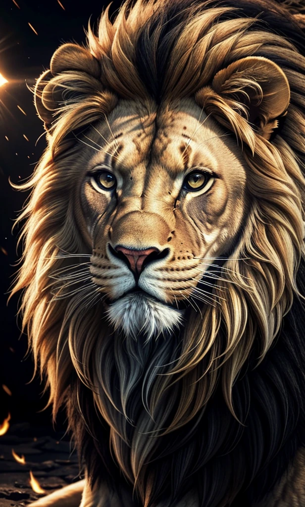 Lion, Divine Lion, naturals, naturals, ferocious, masculine, mighty, golden lion, Thunder Storm, fire rays, Photorealistic Lion, 4K PhotoRealism, Energy, Powerful Lion, Beautiful nature, Great Realistic Lion, FullHD 8K, Sky ligh, Sunset Night, Ligh Sky Sun, Balck Golden, black andwhite, black and gold, detailed realistic face, 8K Detailed Realistic White Lion, Ultrarealistic 8k |, Energia de thunder realista detalhada, Strong Creature realista detalhada, Strong Creature, Lion macho, Rendering, Fotorrealista 8K, UltraHD Alta definição 8K, Detailed Realistic 16K, Nitidez Fotorrealista 8K, 16K photorealistic textures, Contraste Fotorrealista 8K, Sombras Fotorrealistas 8K, Luzes Fotorrealistas 8K, Detailed realistic sunset, Detailed Realistic Lion Face, Detailed realistic light, detailed textures, thunder, detailed shadows, detailed colors, Celestial Electricity, Golden thunder, Lion realista, Ultra Realistic 16K, Realistic 16K, Realistic 16K sharpness, 16K photorealistic textures, 16K realistic colors, powerful creature, Majestic power, Power of Heaven, Great Divine, detailed contrast, realistic contrast, high resolution, detailed colors, fire, villany, divine creature, 8K, realistic detailed, 16K, 8K, High definition, detailed contrast, realistic contrast, high resolution, detailed colors, fire, villany, divine creature, realistic detailed, posh, chic