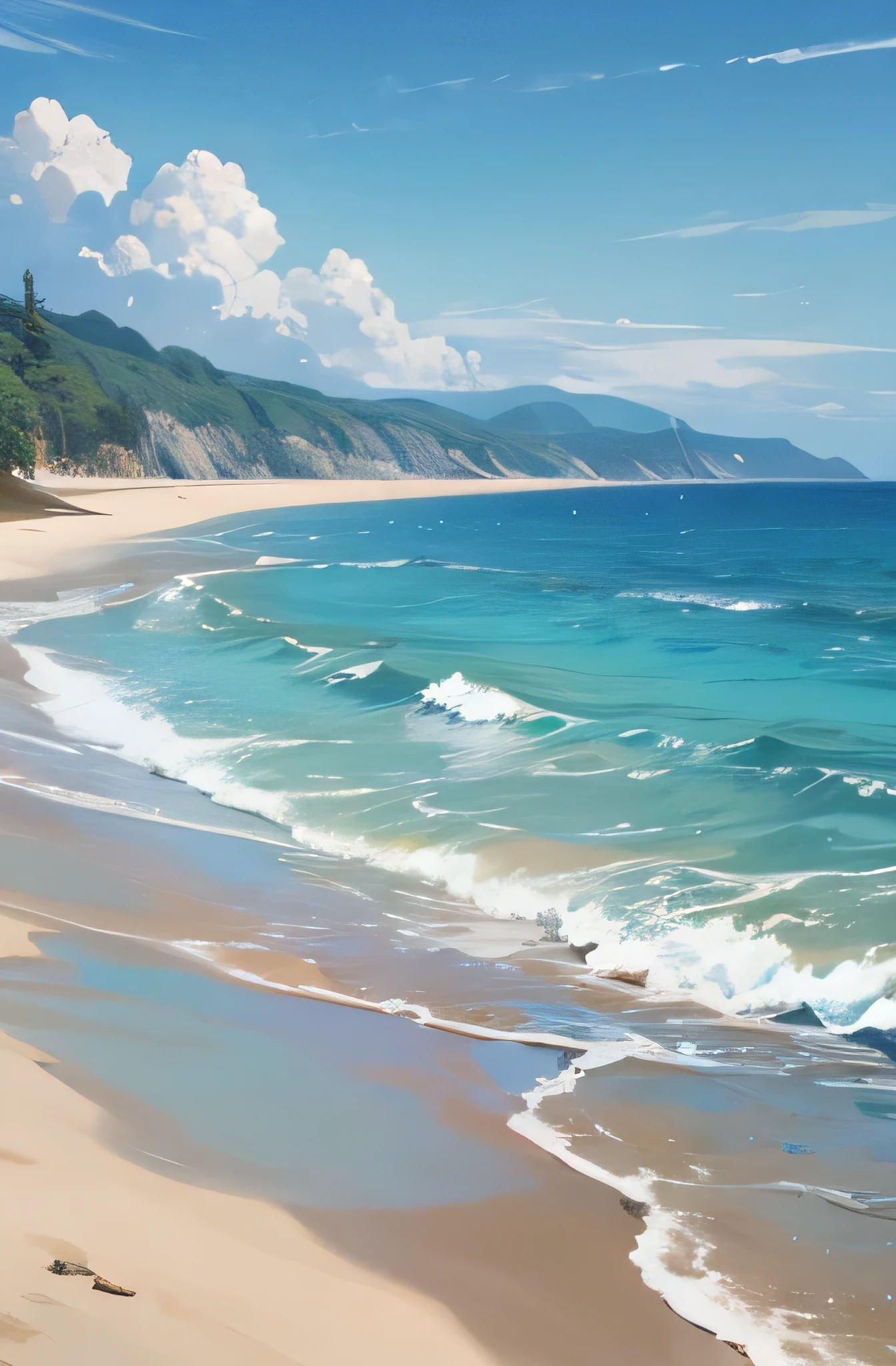 beach scene, shimmering waves, with fine, powdery sand stretching along the sea, with a clear blue sky overhead.