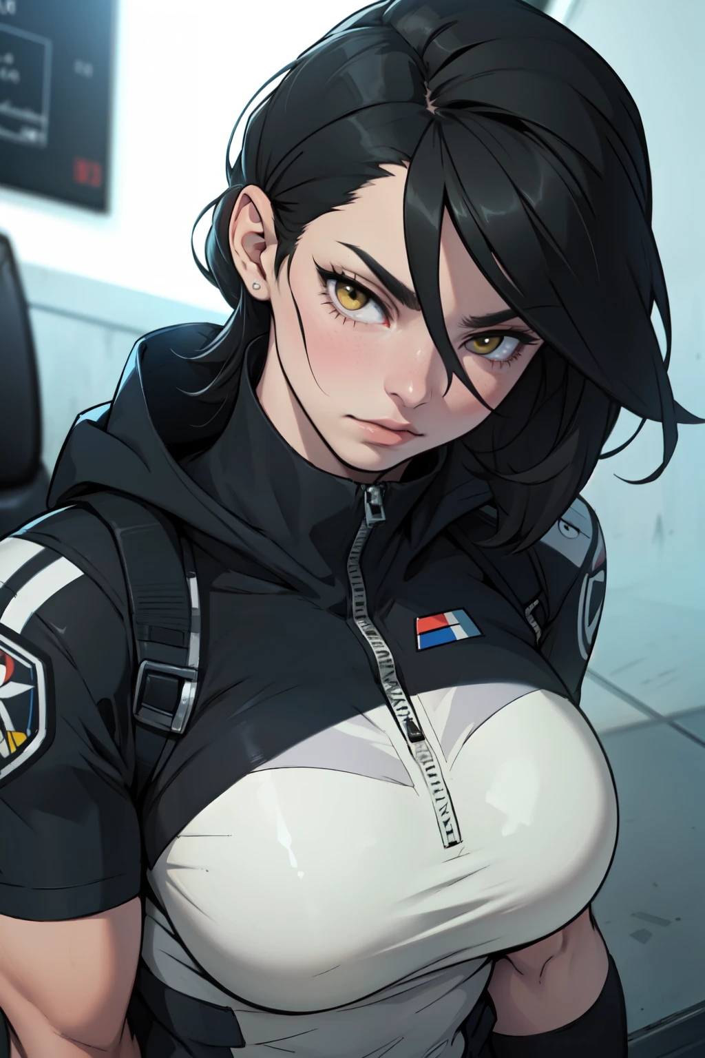 best quality close up pilot suit black hair yellow eyes muscular girl pale skin breasts