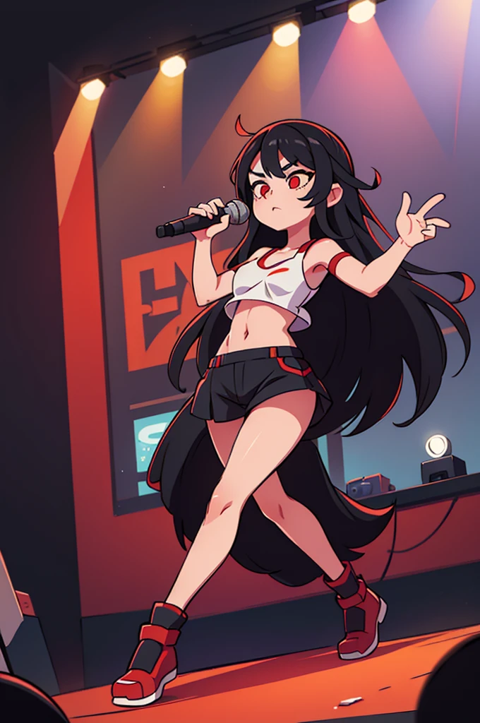 black long hair. pop idol. Red eyes. concert stage. dynamic pose in red lingerie showing her little ass
