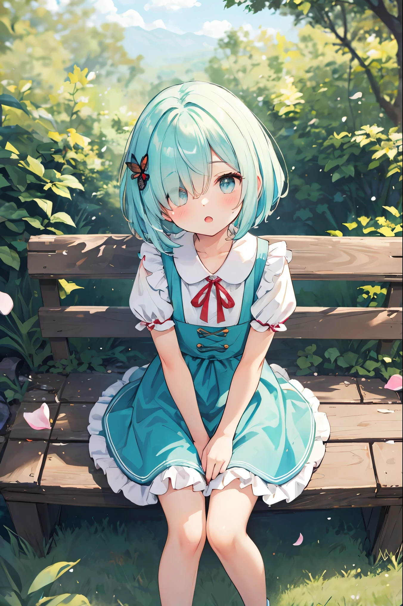 ((solo:1.2)),cute girl sitting on bench in garden,frilled dirndl,from above,looking up,cobblestone pavement,aqua hair,fine bob cut,(hair over one eye),(dappled sunlight:1.2),blurry,(depth of field:1.1),head tilt,:o,(petals),tree,butterfly