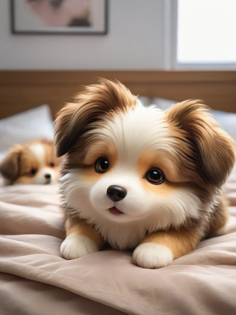 With the sunset in the background,(masterpiece:1.2, high quality), Several Shetland Sheepdog puppies sleeping snuggled up together in bed、