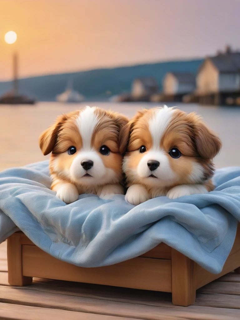 With the sunset in the background,(masterpiece:1.2, high quality), Several Shetland Sheepdog puppies sleeping snuggled up together in bed、