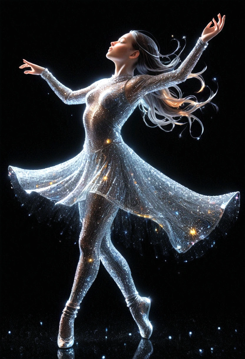 Dynamic representation,  dance girl with Dynamic pose in three-dimensional light style of glassy translucence outfit , part of the outfit is Decomposing into light particles and flowing to the top,black background, powerful dynamic composition， v-Ray tracing ,c4d render 