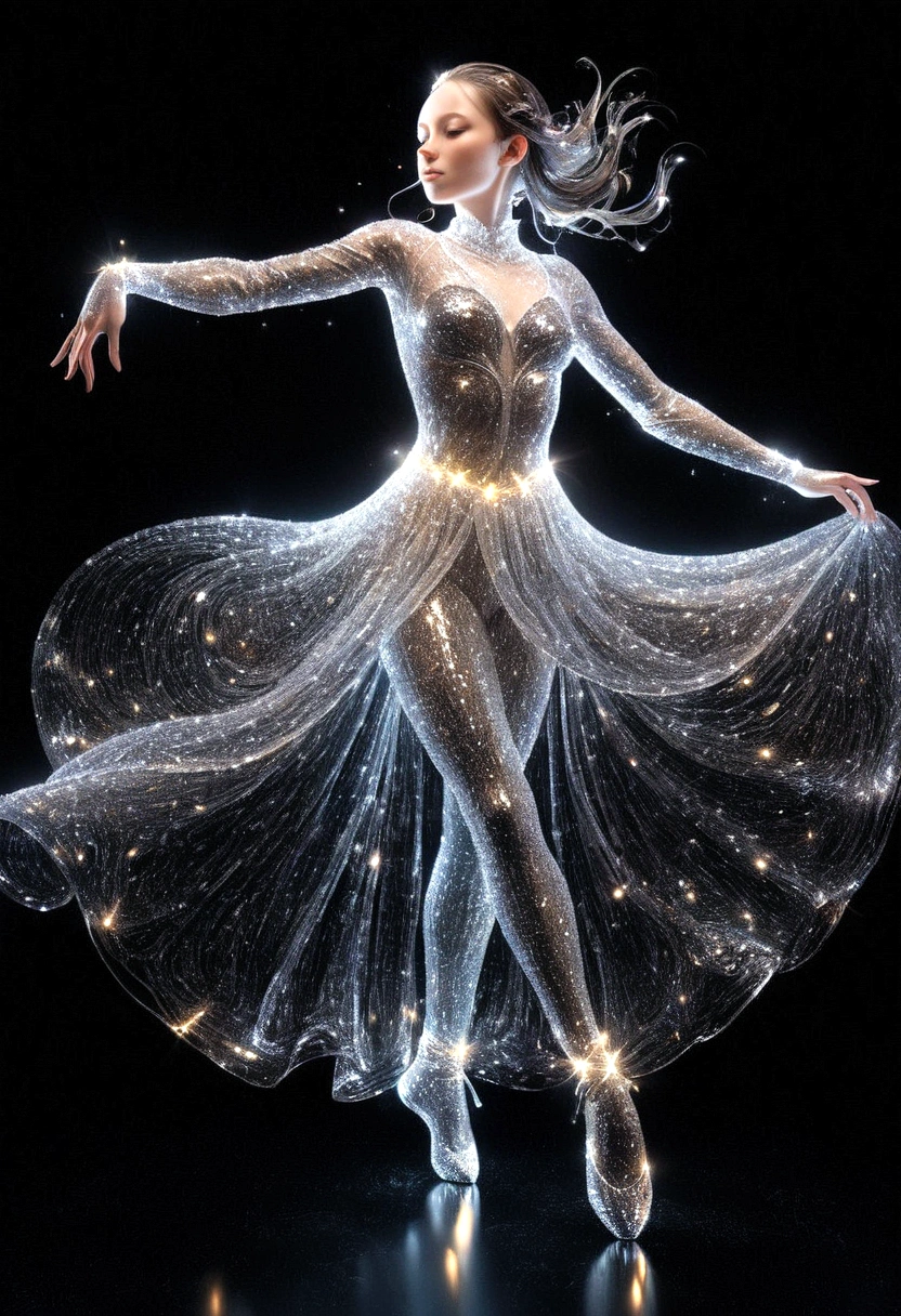 Dynamic representation,  dance girl with Dynamic pose in three-dimensional light style of glassy translucence outfit , part of the outfit is Decomposing into light particles and flowing to the top,black background, powerful dynamic composition， v-Ray tracing ,c4d render 