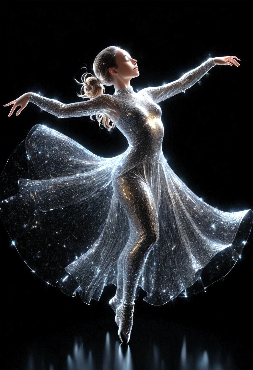 Dynamic representation, dance girl with Dynamic pose in three-dimensional light style of glassy translucence outfit , part of the outfit is Decomposing into light particles and flowing to the top,black background, powerful dynamic composition, v-Ray tracing ,c4d render