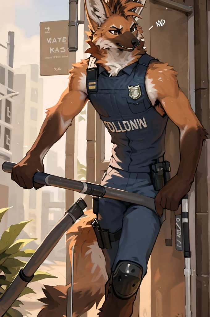 close up, furry, anthro, giant maned wolf, maned wolf ears, maned wolf tail, orange, white and brown fur, messy fur, neck floof, brown fluffy mohawk, brown eyes, razor sharp teeth, slim body, handsome, slender, lanky body, really long arms, really long legs, tall, wearing a spanish police officer uniform, police gear and police cap, pawpads, black pawpads, ((best quality, 4K, UHD, masterpiece)), standing in a Spanish police station, alone, sunny day, 