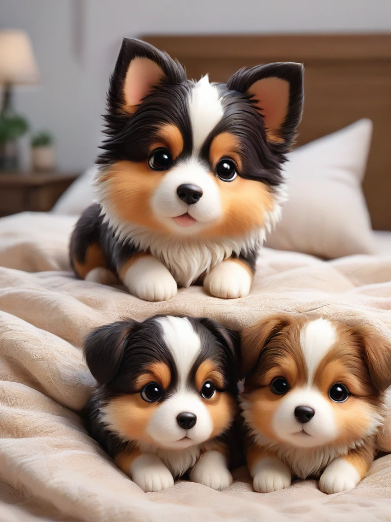 With the sunset in the background,(masterpiece:1.2, high quality), Several Shetland Sheepdog puppies sleeping snuggled up together in bed、