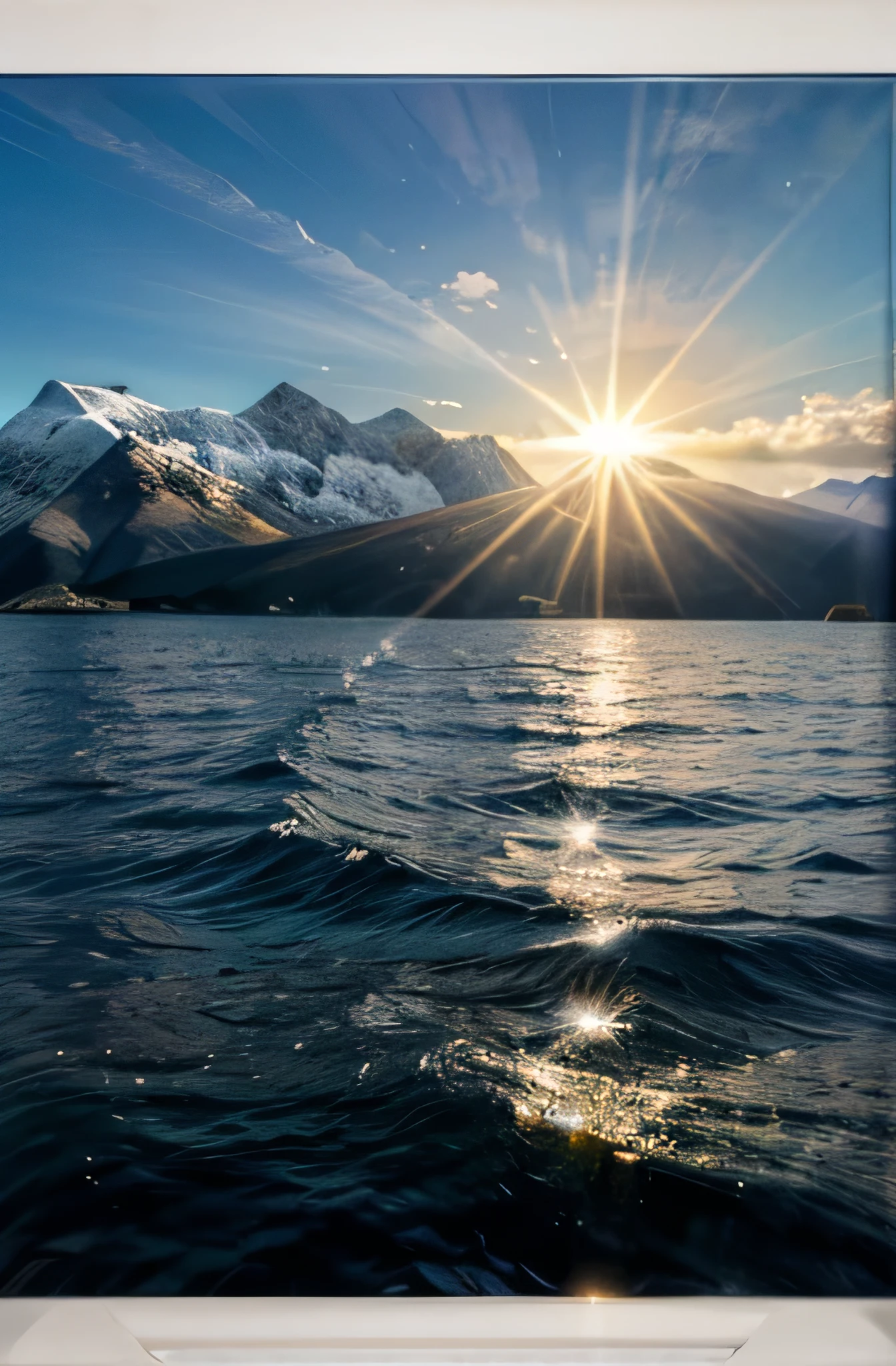 the sun shines in a crystal glass against the background of the sea and mountains