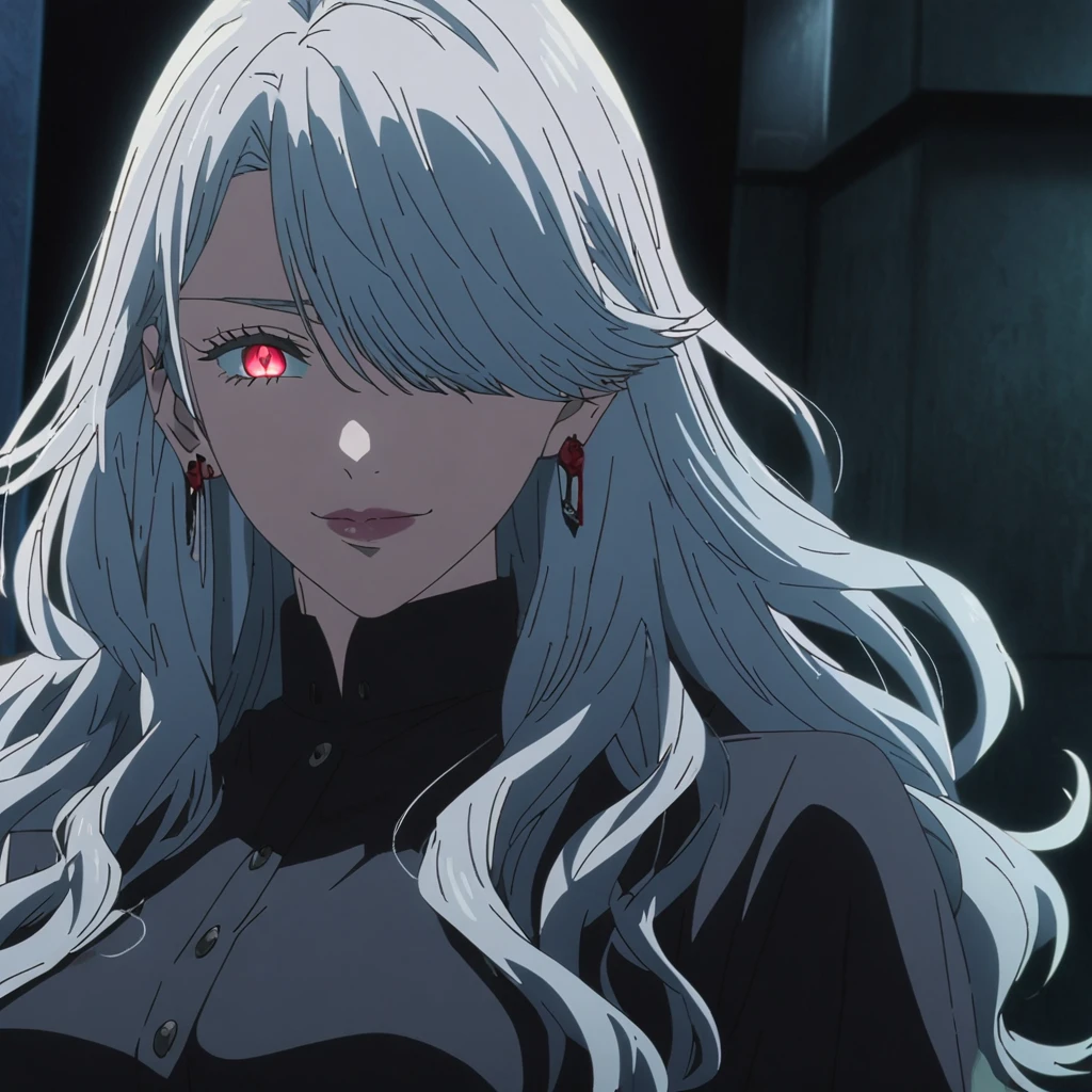 1girl, female gojo satoru, anime screencap from jujutsu kaisen, gojo satoru female version, solo, medium_hair, ((Blue universal eyes)) ((wavy Silver_hair)), night view, (hanging breasts) upper_body, smile, indoors, book, green_eyes, lips, (swept bangs, hair over one eyes) ((wearing black colour outfit with button)) breast, "very detailed and high resolution" (Red eyes) (cross arms) ((long wavy hair)) ((solo)) (front view) (earings) ((high resolution)) ((good quality)) ((swept bangs)) ((wavy silver hair with red tips)) (((multi colour hair : silver and red)))