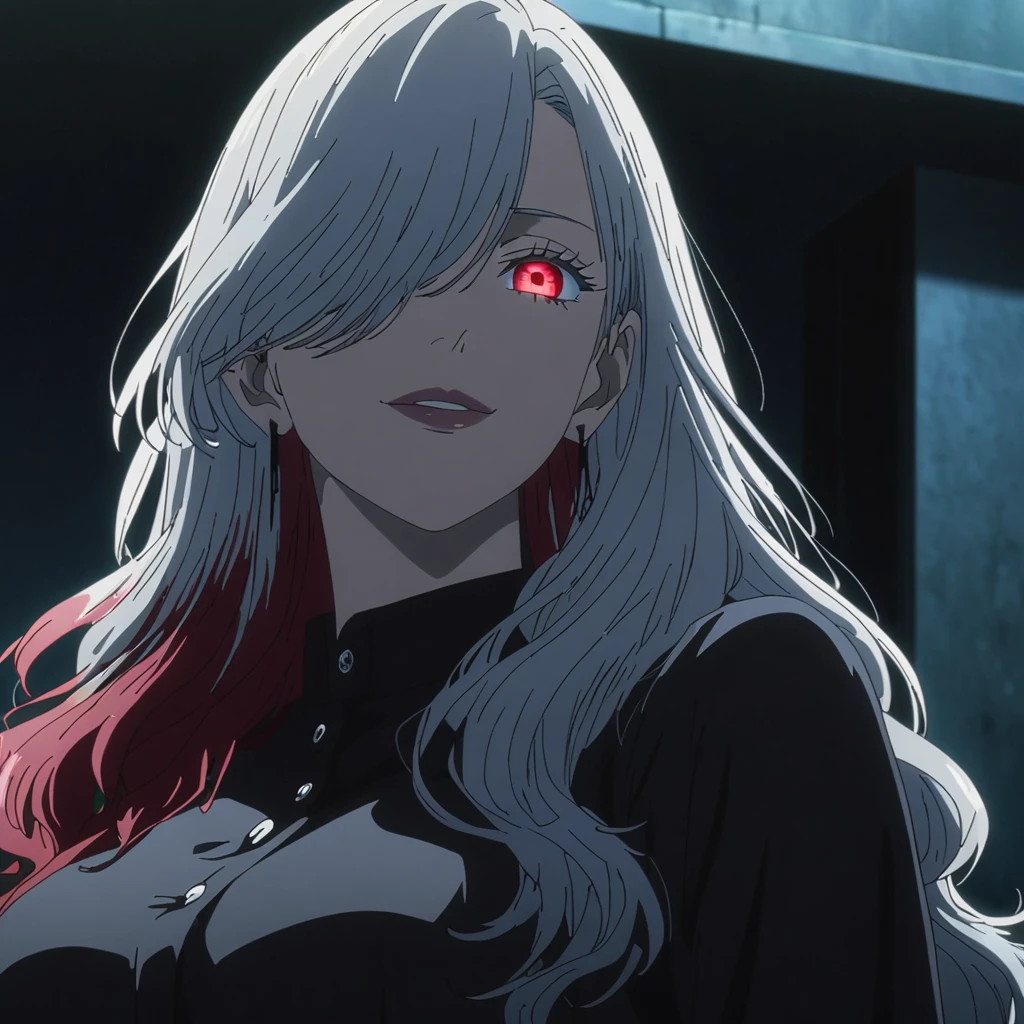 1girl, female gojo satoru, anime screencap from jujutsu kaisen, gojo satoru female version, solo, medium_hair, ((Blue universal eyes)) ((wavy Silver_hair)), night view, (hanging breasts) upper_body, smile, indoors, book, green_eyes, lips, (swept bangs, hair over one eyes) ((wearing black colour outfit with button)) breast, "very detailed and high resolution" (Red eyes) (cross arms) ((long wavy hair)) ((solo)) (front view) (earings) ((high resolution)) ((good quality)) ((swept bangs)) ((wavy silver hair with red tips)) (((multi colour hair : silver and red)))
