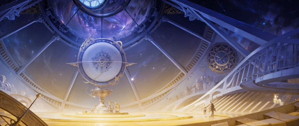 There is a clock on the ceiling of a building., Infinite Space Clock Background, Infinite Celestial Library, Alchemist's Library Background, background technologywork, Animation New Art Universe Display, Intricate sparkling atmosphere, background technology, Concept Art magical highlight, Kingdom of Light Background, Arena Background, anime background technology, astral background, Gorgeous border + Concept Art, Star Clocks