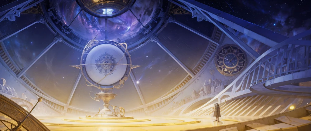 There is a clock on the ceiling of a building., Infinite Space Clock Background, Infinite Celestial Library, Alchemist's Library Background, background technologywork, Animation New Art Universe Display, Intricate sparkling atmosphere, background technology, Concept Art magical highlight, Kingdom of Light Background, Arena Background, anime background technology, astral background, Gorgeous border + Concept Art, Star Clocks