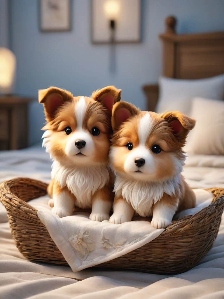With the sunset in the background,(masterpiece:1.2, high quality), Several Shetland Sheepdog puppies sleeping snuggled up together in bed、