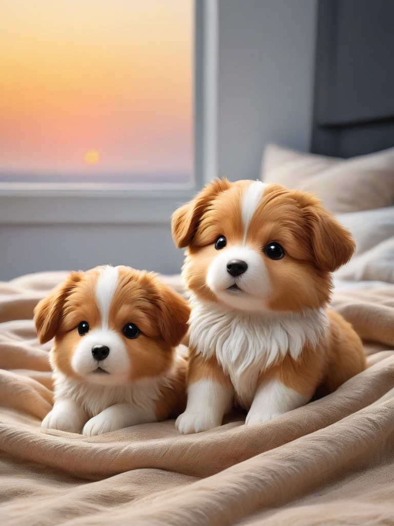 With the sunset in the background,(masterpiece:1.2, high quality), Several Shetland Sheepdog puppies sleeping snuggled up together in bed、