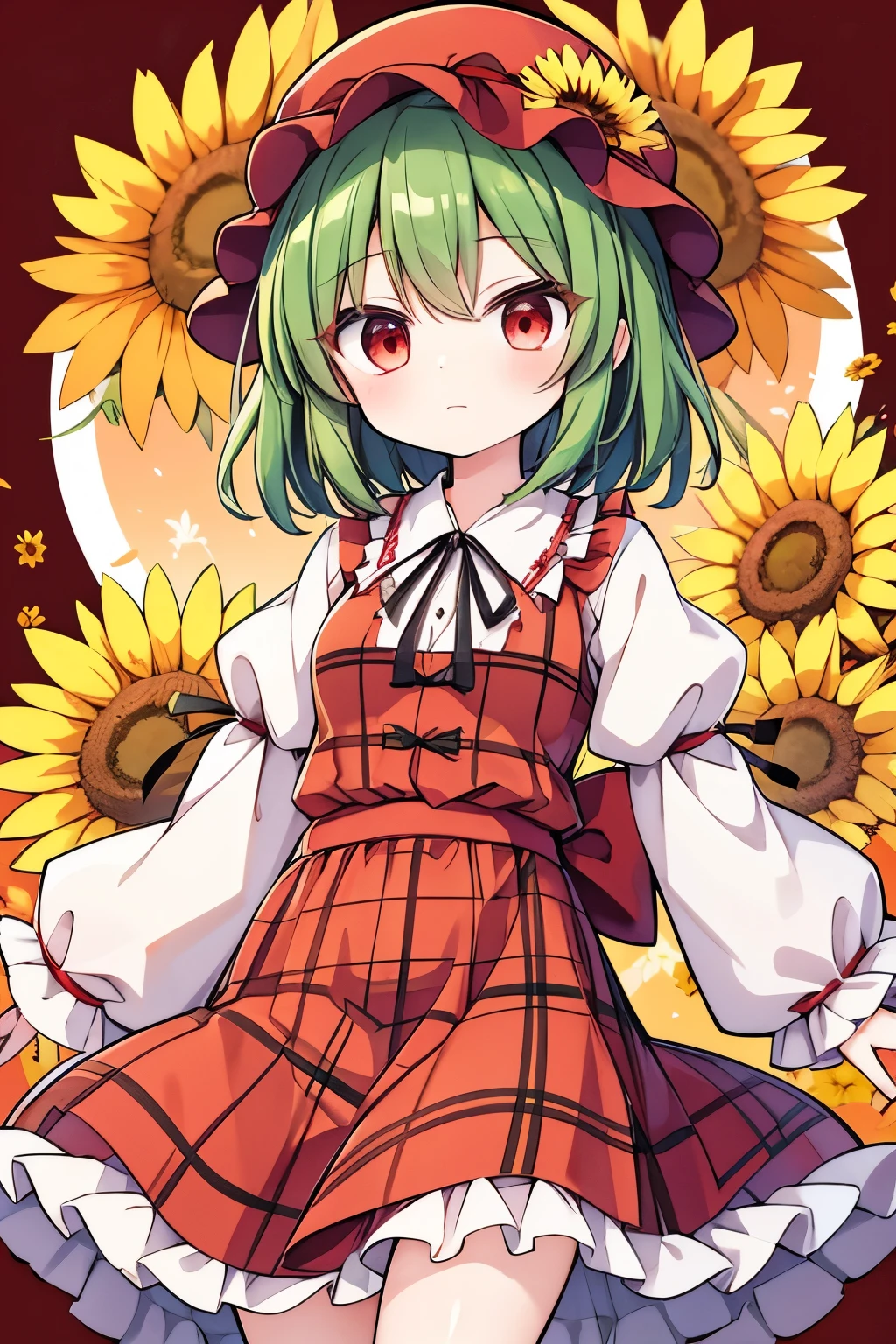 Touhou Project Yuuka Kazami is wearing a red ZUN hat with a sunflower on it and a red plaid dress
