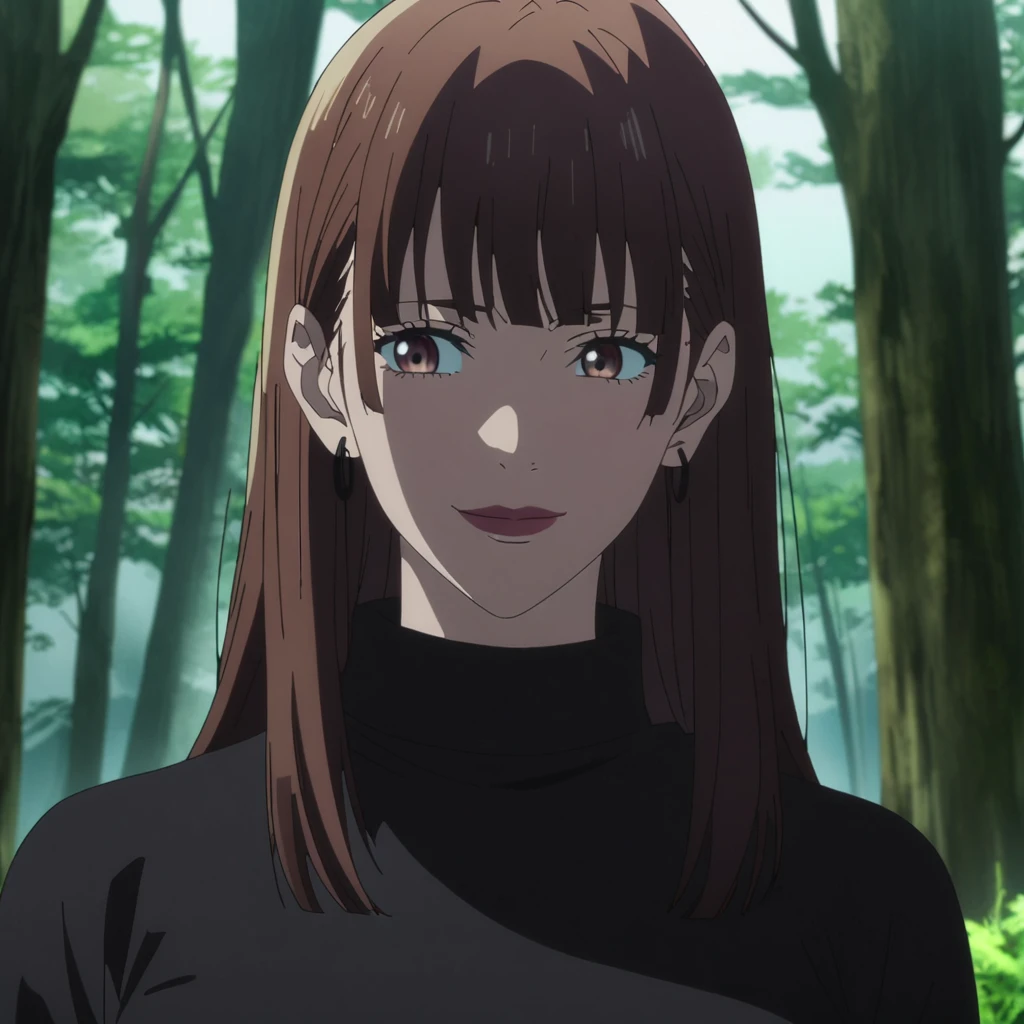 1girl, female gojo satoru, anime screencap from jujutsu kaisen, gojo satoru female version, solo, long_straight hair, blue eyes ((Dark Brown_hair, straight hair)), forest background (hanging breasts) upper_body, smile, brown_eyes, lips (straight hair) (wearing round sunglasses) ((wearing black sweater outfit)) breast, "very detailed and high resolution" (brown eyes) ((solo)) (front view) (earings) ((high resolution)) ((good quality)) ((side bangs))