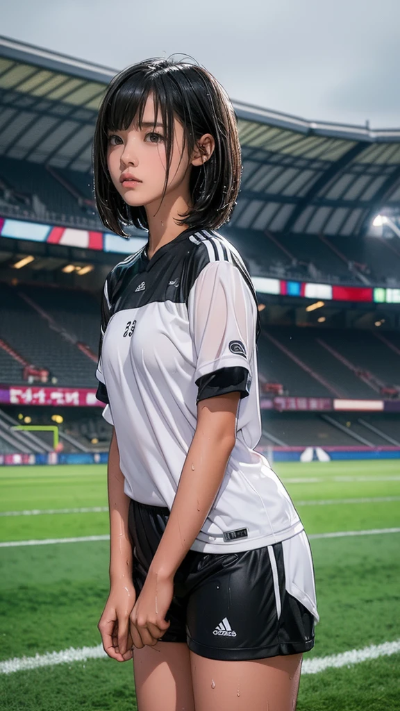 ((, Very slim)), rain, heavy rain, Black Hair, Bobcut, Football Stadium, (Soccer uniforms, White, Wet Hair, Wet Skin, Wet clothes)