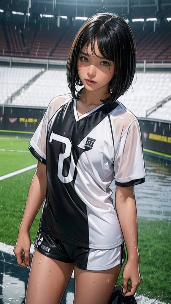 ((13-year-old girl, Very slim)), rain, heavy rain, Black Hair, Bobcut, Football Stadium, (Soccer uniforms, White, Wet Hair, Wet Skin, Wet clothes)