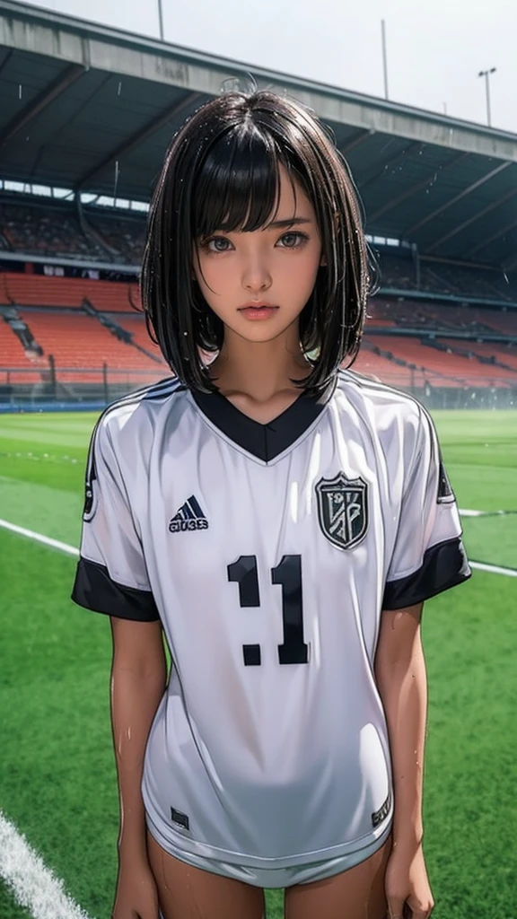 ((-yeld gi Very slim)), rain, heavy rain, Black Hair, Bobcut, Football Stadium, (Soccer uniforms, White, Wet Hair, Wet Skin, Wet clothes)