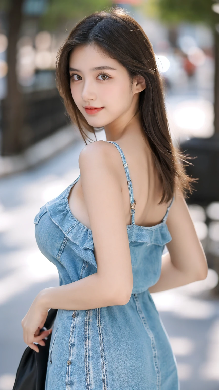 ((Best quality, 8K, masterpiece:1.3))，1girl，18 years old，Asian，Real texture:1.3，(Background blur:1.1)，Dress Up，Tall and slender figure:1.2，(Hot summer weather)，（street:1.3），Highly detailed face and skin textures，Exquisite eyes，Long eyelashes，Double eyelids，Skin Whitening，happy，Various postures，Big breasts