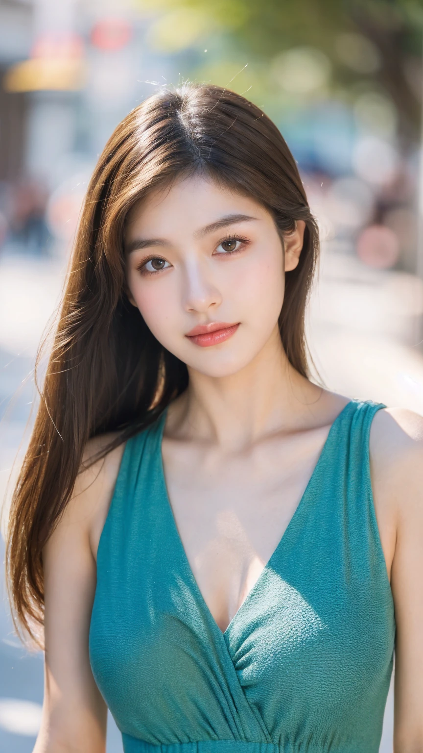 ((Best quality, 8K, masterpiece:1.3)),1girl,18 years old,Asian,Real texture:1.3,(Background blur:1.1),Dress Up,Tall and slender figure:1.2,(Hot summer weather),(street:1.3),Highly detailed face and skin textures,Exquisite eyes,Long eyelashes,Double eyelids,Skin Whitening,happy,Various postures,Big breasts