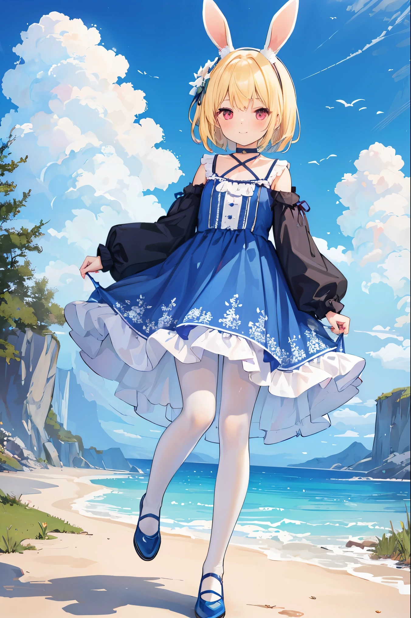 (full body:1.2),smile,white pantyhose,
1girl,solo,  usamia,blonde hair, short hair,braid,rabbit ears, red eyes,
outdoors,liquid blue sky,standing on one leg,pink shoes,
 dress bow,layered dress,choker,butterfly wings,hair flower,long dress,pink dress,pink sleeves