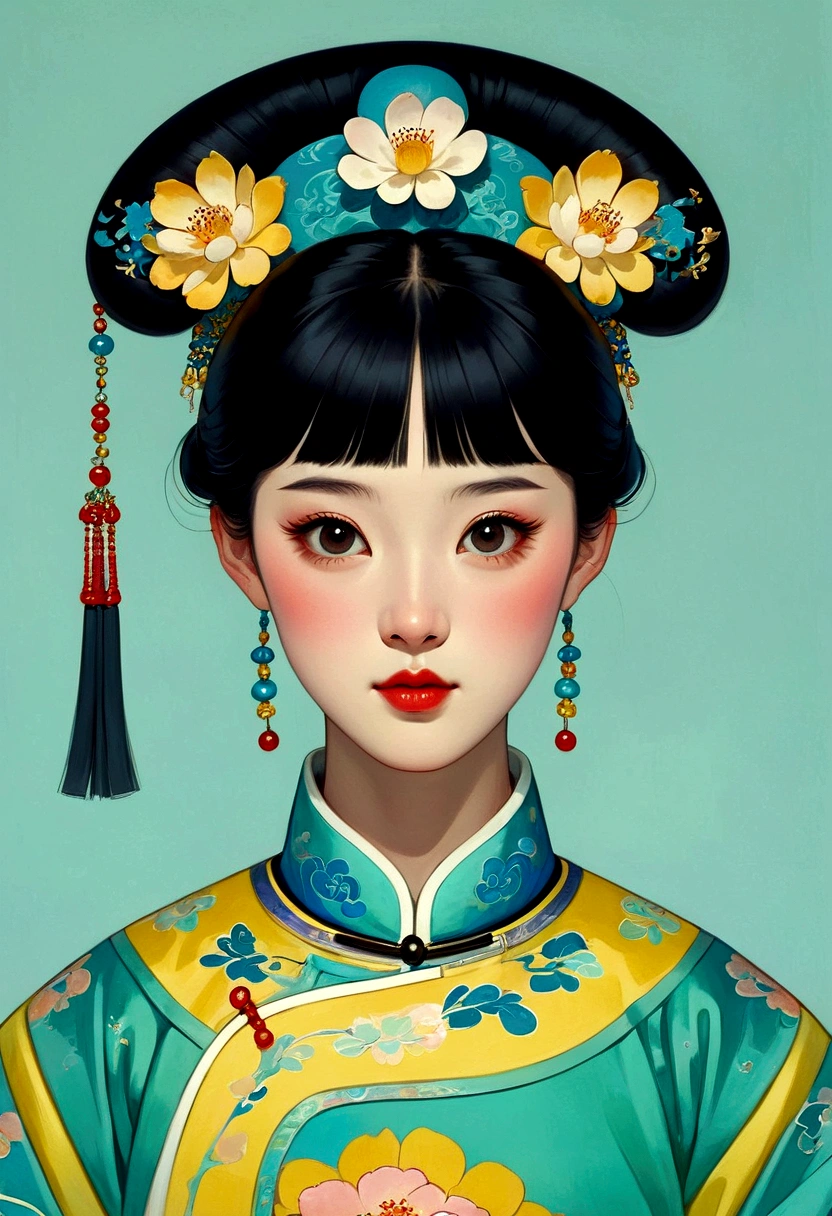 a gongbi painting of a chinese cartoon-like girl with black hair, Qing Dynasty style, exquisite headdress, cute face, close-up, in the style of cartoonish lithographs, extremely minimalism portrait, animated gif, rich details, crisp lines, fairy kei, dark blue and yellow and light cyan, matte light green background