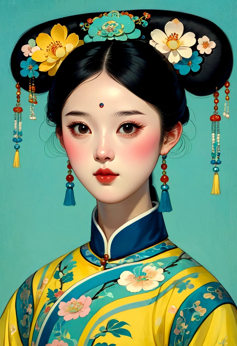 a gongbi painting of a chinese cartoon-like girl with black hair, Qing Dynasty style, exquisite headdress, cute face, close-up, in the style of cartoonish lithographs, extremely minimalism portrait, animated gif, rich details, crisp lines, fairy kei, dark blue and yellow and light cyan, matte light green background