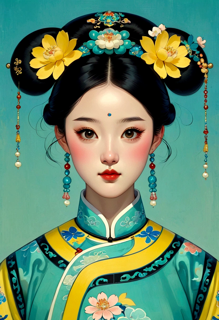 a gongbi painting of a chinese cartoon-like girl with black hair, Qing Dynasty style, exquisite headdress, cute face, close-up, in the style of cartoonish lithographs, extremely minimalism portrait, animated gif, rich details, crisp lines, fairy kei, dark blue and yellow and light cyan, matte light green background