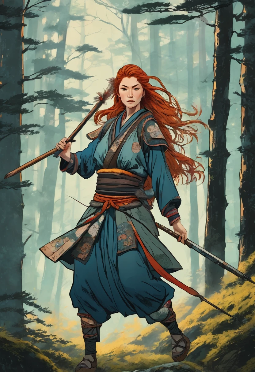 Beautiful wildling hunter woman, with copper hair, wielding a spear, beautiful forest backgroud, beautiful colors, contrasting colors, intricate detail, traditional Japanese style art.
