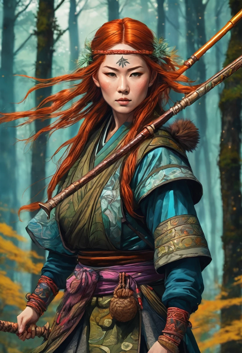 Beautiful wildling hunter woman, with copper hair, wielding a spear, beautiful forest backgroud, beautiful colors, contrasting colors, intricate detail, traditional Japanese style art.